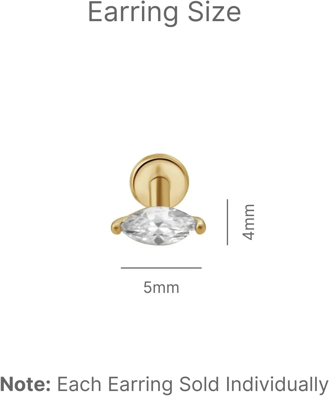 Marquise Gemstone Flat Back Earring for Women in 14K Solid Gold, CZ Stud Earring, Threaded Conch Tragus Helix Piercing Jewelry, Nose Ring 18g, Earring for Upper Ear Cartilage Piercing SINGLE STUD/PAIR