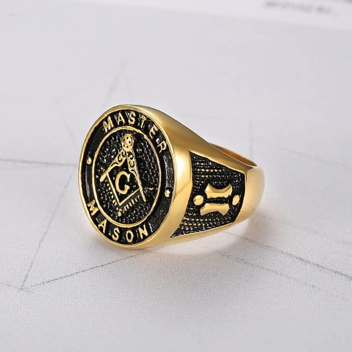 Masonic Master Mason Freemason Ring for Men - Gold Plated Symbol Compass Square Jewelry - Religious Amulet Biker Ring