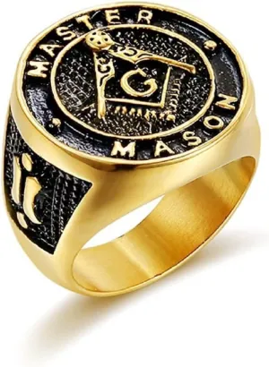 Masonic Master Mason Freemason Ring for Men - Gold Plated Symbol Compass Square Jewelry - Religious Amulet Biker Ring