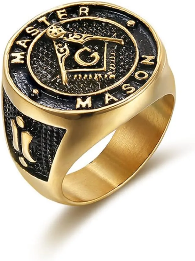 Masonic Master Mason Freemason Ring for Men - Gold Plated Symbol Compass Square Jewelry - Religious Amulet Biker Ring