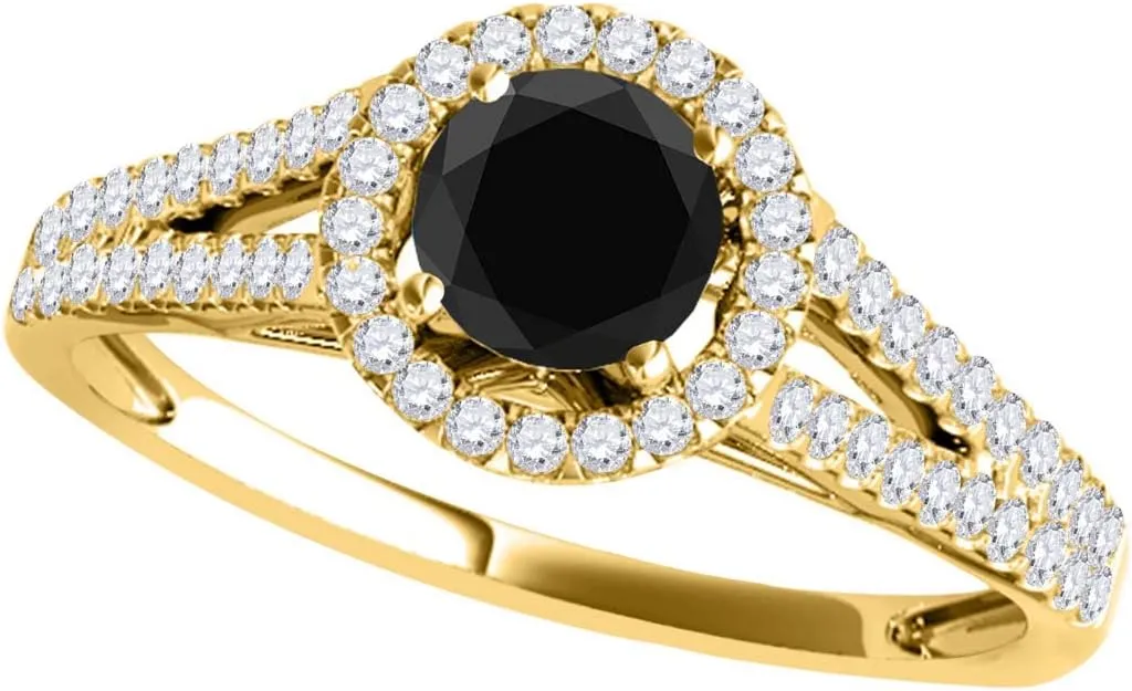 MauliJewels 1.30 Carat Halo Split Shank Black Diamond Engagement Wedding Ring 4 Prong-Setting 14k Solid Yellow Gold