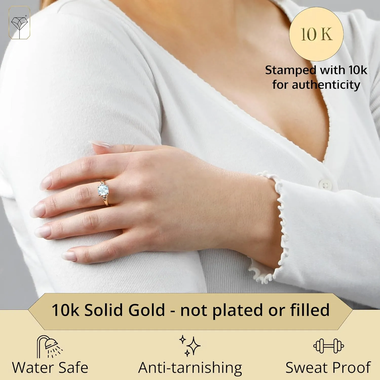 MAX   STONE 10k Gold Gemstone Rings for Women | Cushion Cut Three Stone Ring | Anti Tarnishing Birthstone Rings | Cocktail Ring with Gift Box in Size 5 to 9
