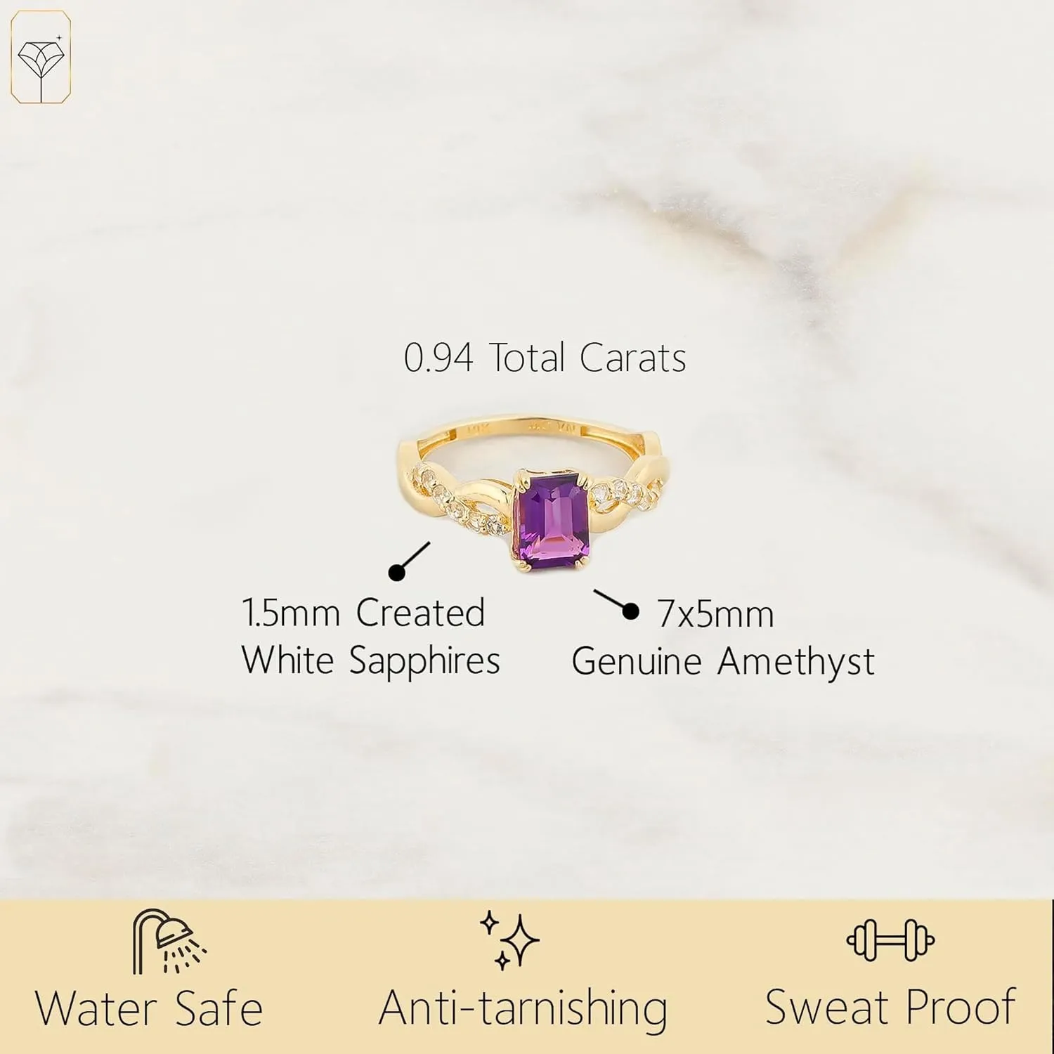 MAX   STONE Solid 10K Gold Emerald Cut Gemstone Rings for Women with Twisted Band | Birthstone Rings in Size 6 to 8 | Anti Tarnishing Statement Cocktail Ring with Gift Box