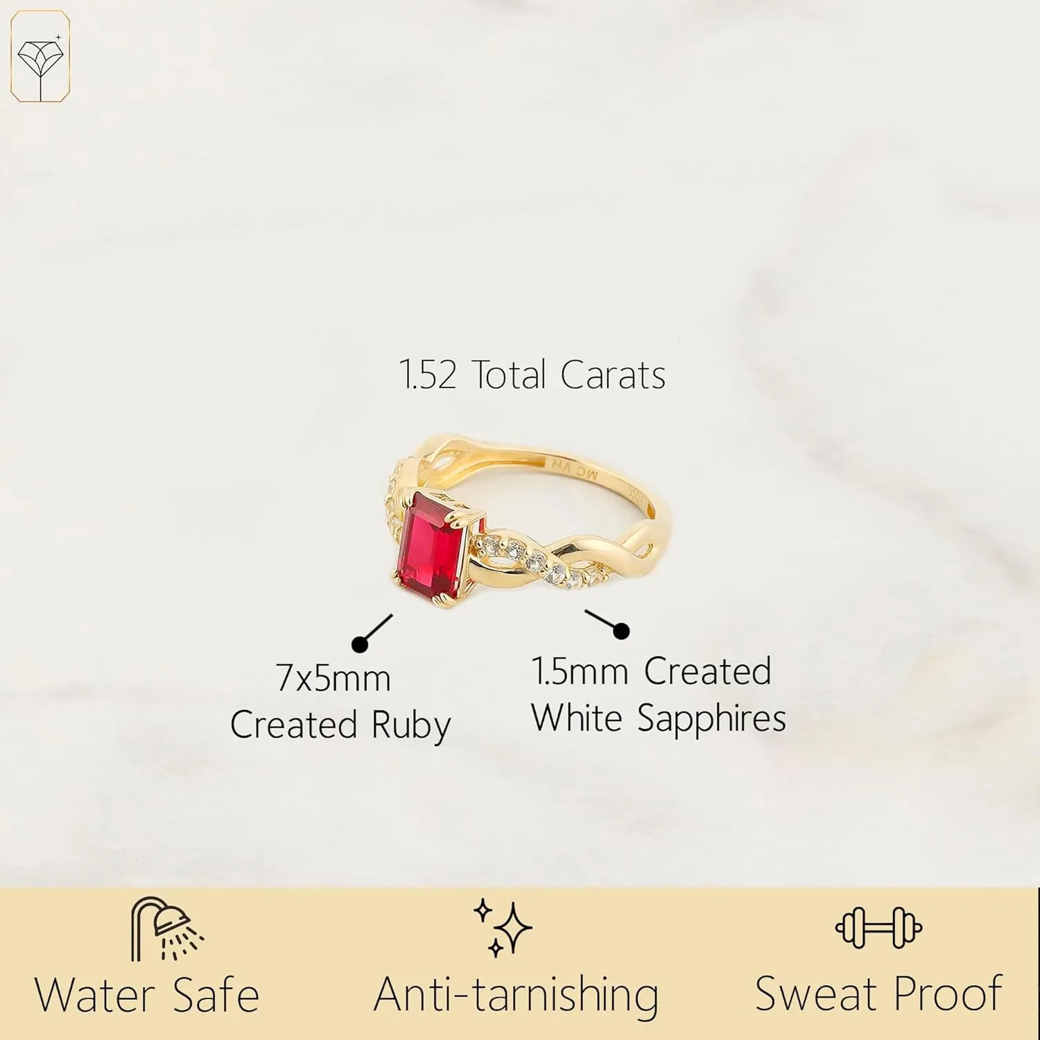 MAX   STONE Solid 10K Gold Emerald Cut Gemstone Rings for Women with Twisted Band | Birthstone Rings in Size 6 to 8 | Anti Tarnishing Statement Cocktail Ring with Gift Box
