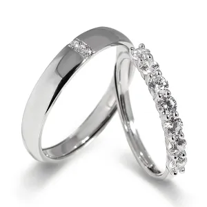 Meissa Couple Rings 925 Sterling Silver Dainty Wedding Bands Men and Women Promise Ring 7 Cubic Zirconia Stones Matching Ring Size Adjustable (Set of Two Rings)