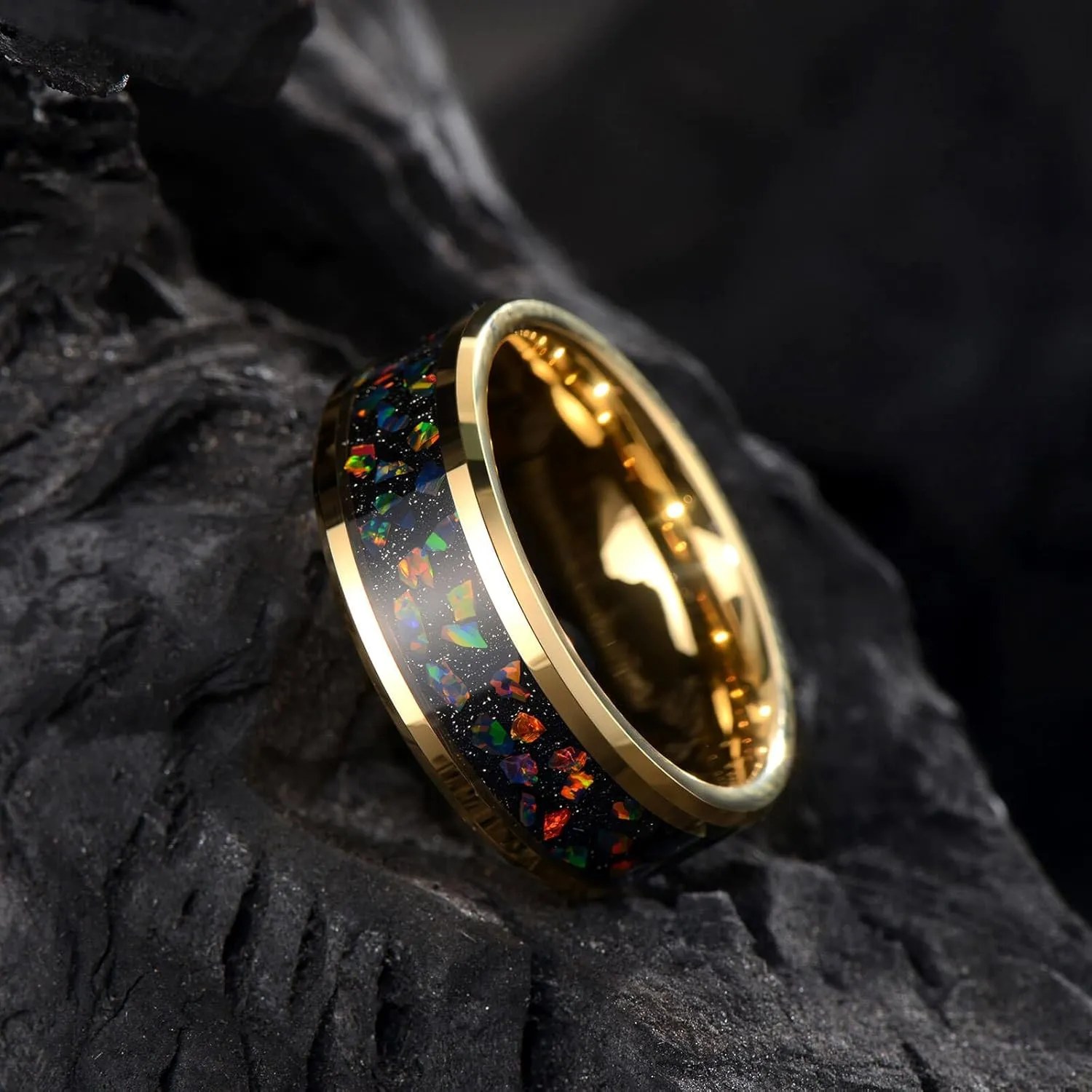 Men's Gold Tungsten Ring, Wedding Band, Inlaid with Star Opal, Brilliant Bevel Comfort Fit Size 7-14, Comes with Beautiful Box