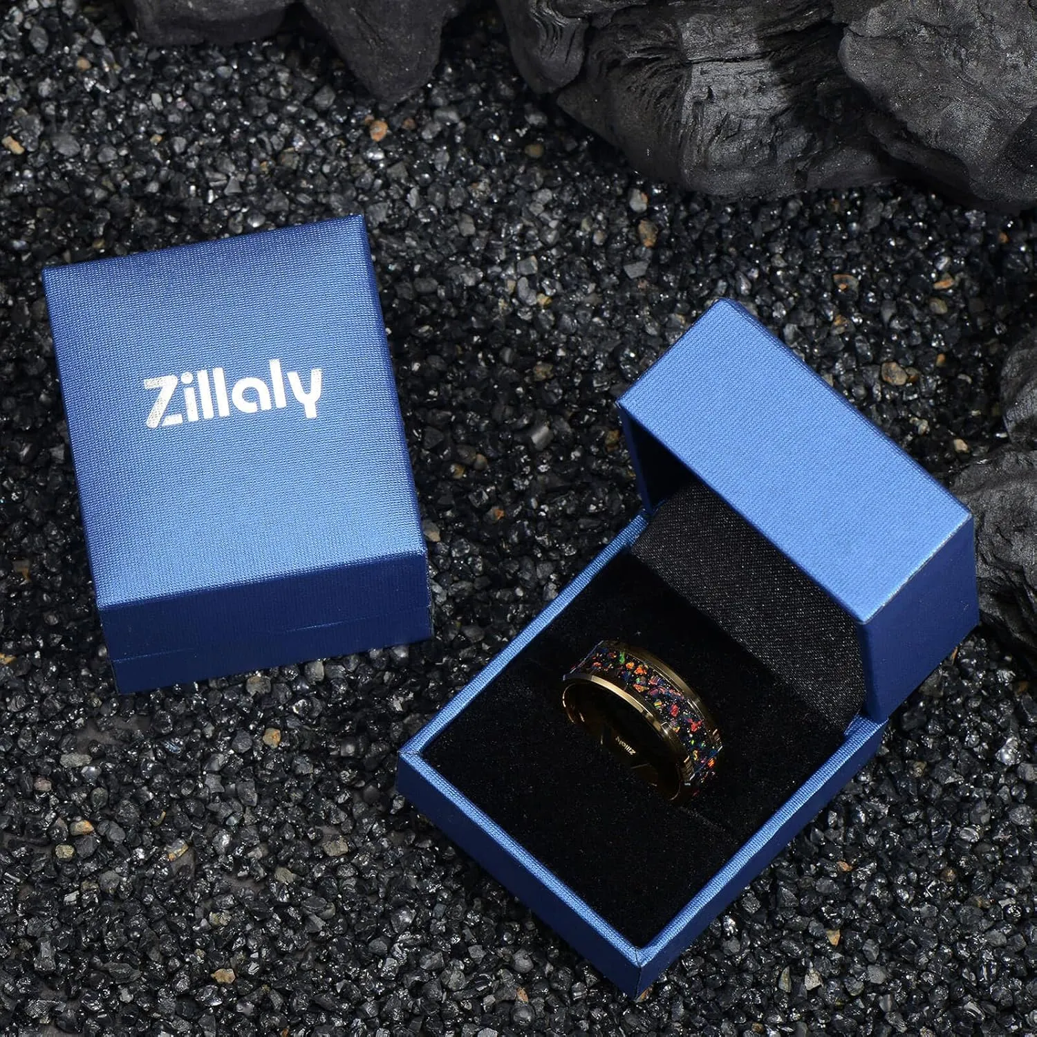 Men's Gold Tungsten Ring, Wedding Band, Inlaid with Star Opal, Brilliant Bevel Comfort Fit Size 7-14, Comes with Beautiful Box