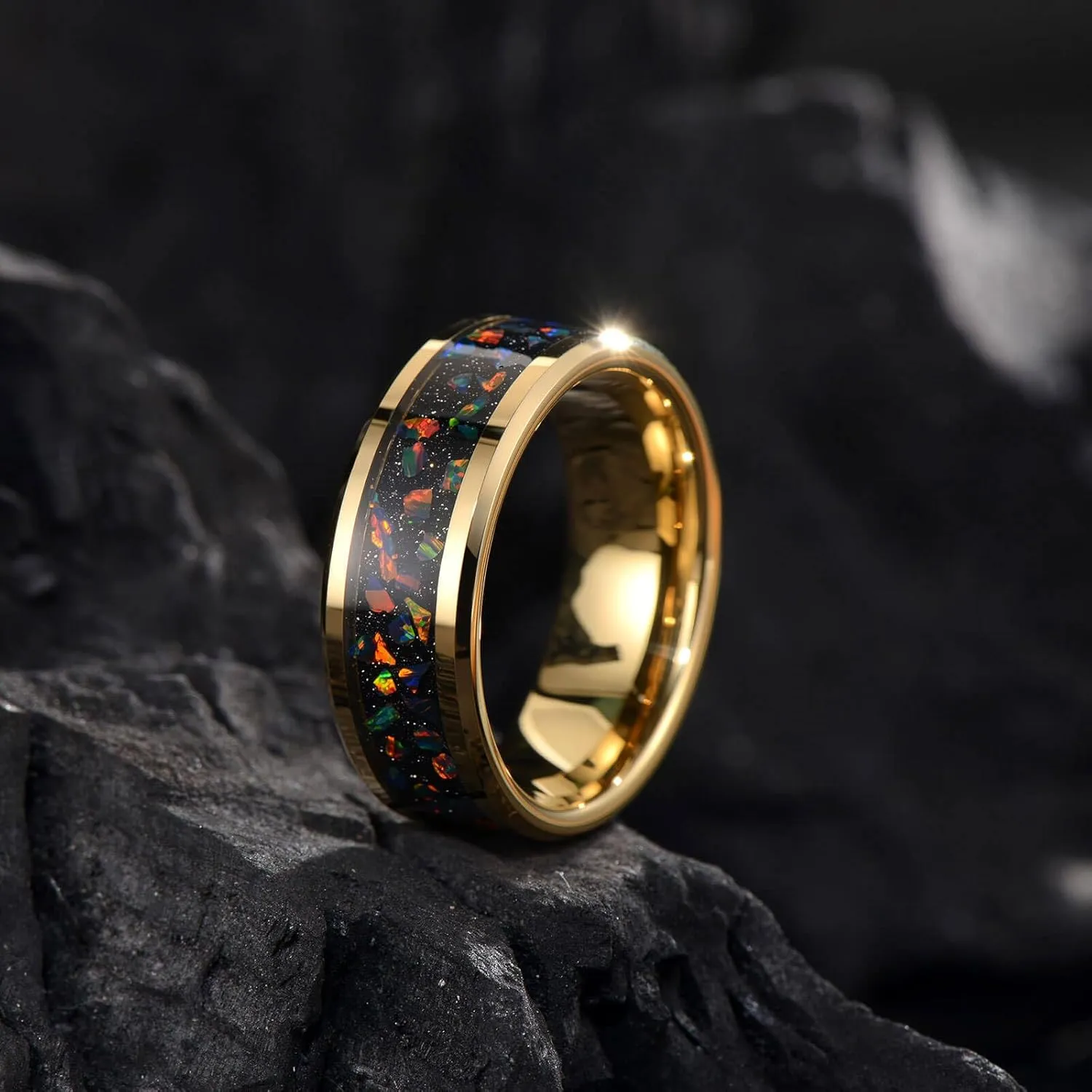 Men's Gold Tungsten Ring, Wedding Band, Inlaid with Star Opal, Brilliant Bevel Comfort Fit Size 7-14, Comes with Beautiful Box