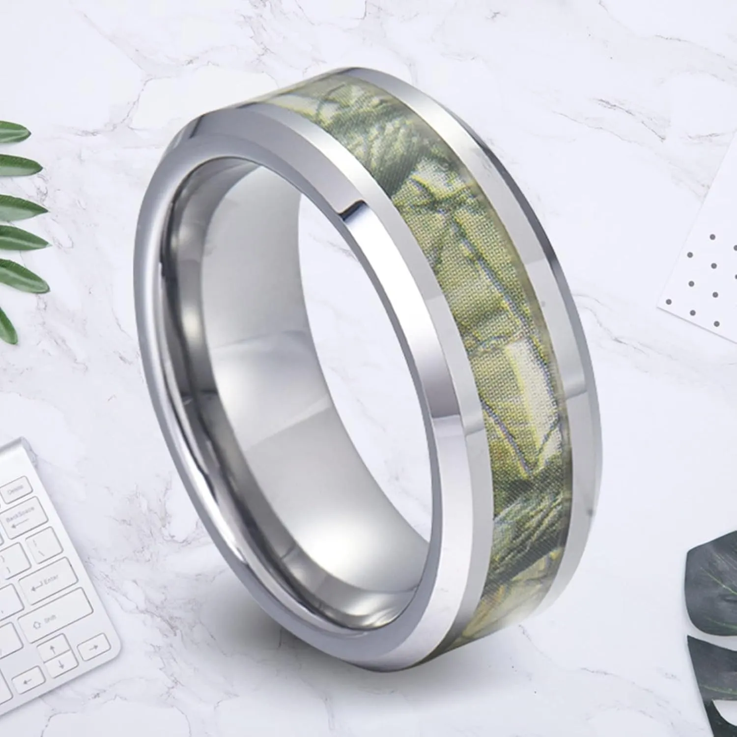 Men's Rings Silver, Men Rings Stainless Steel Wedding Band 8mm Silver Ring with Branches Pattern Engagement Couple Rings
