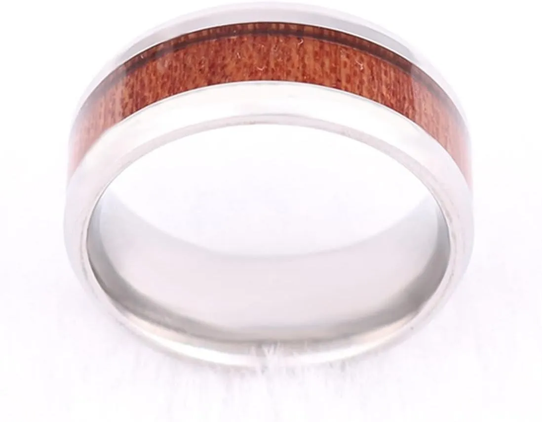 Men's Rings Silver, Stainless Steel Rings for Women 8mm Silver Ring Inlay Wood Engagement Couple Rings