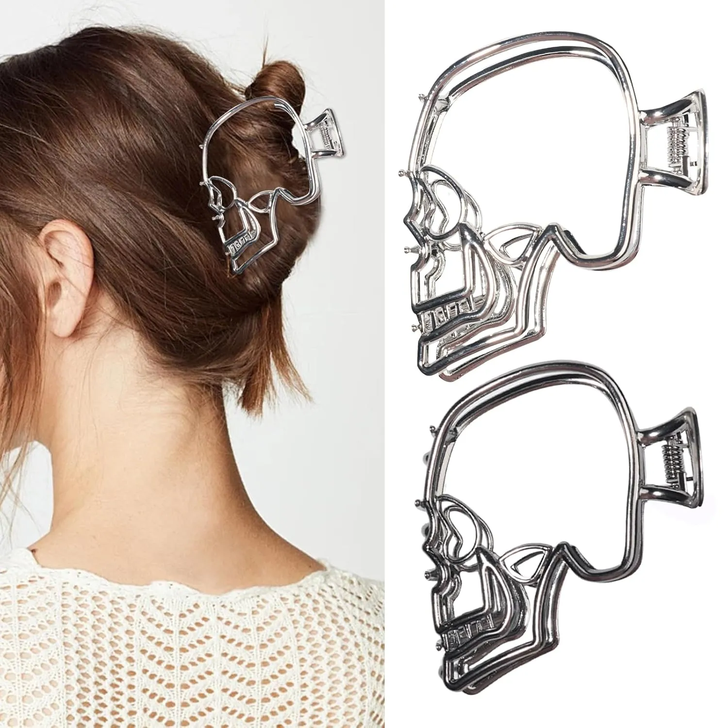 Metal Hair Claw Clips Silver & Black for Women - Skull Design Non-Slip Strong Hold Hair Accessories for Styling 2PCS