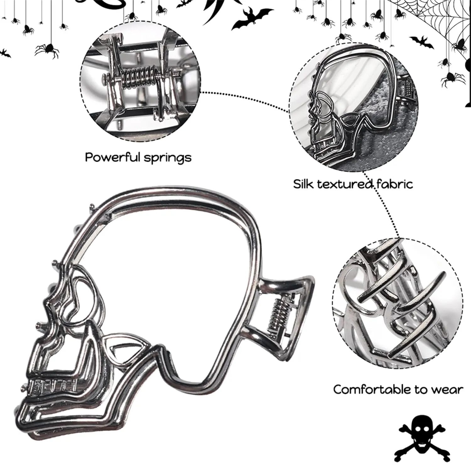 Metal Hair Claw Clips Silver & Black for Women - Skull Design Non-Slip Strong Hold Hair Accessories for Styling 2PCS