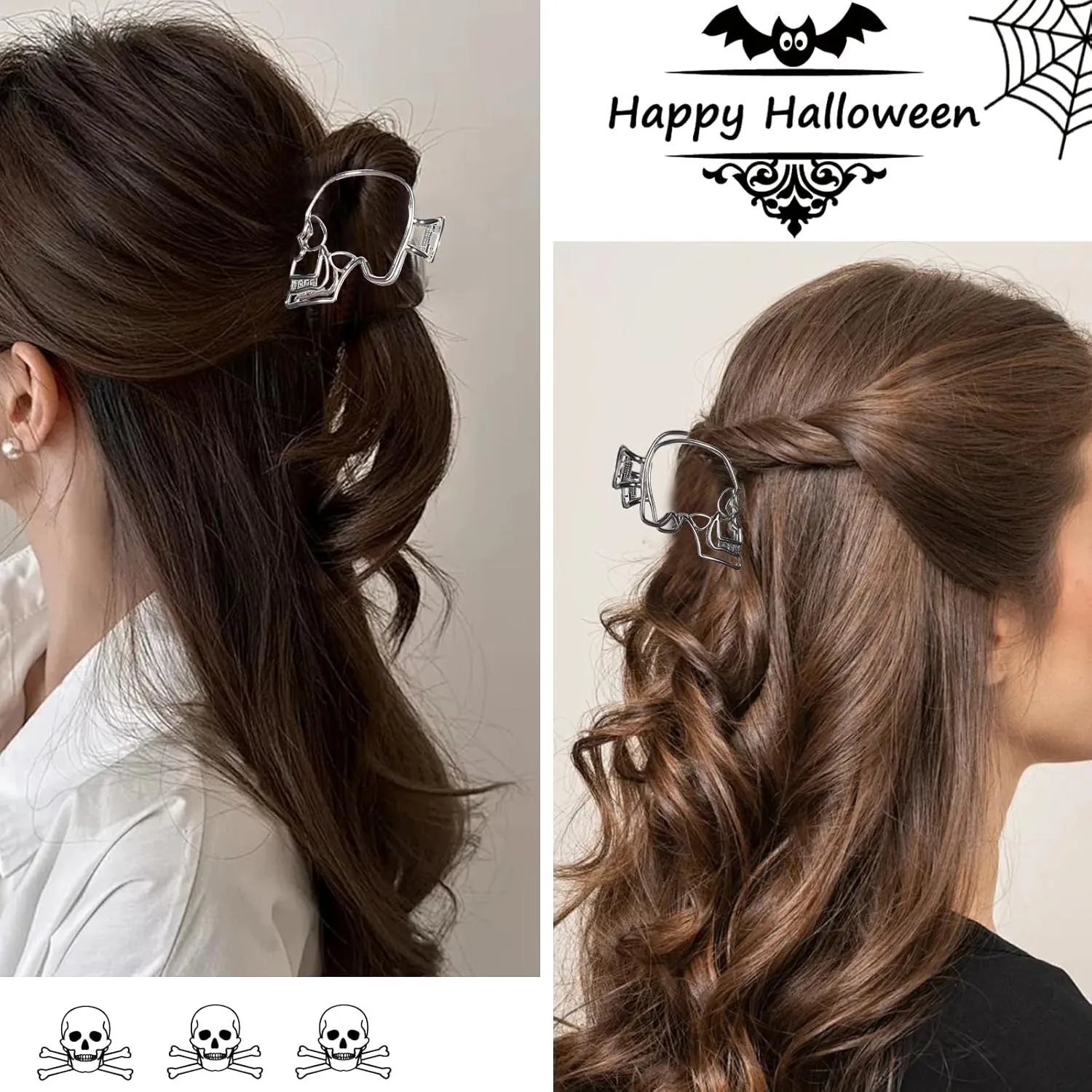 Metal Hair Claw Clips Silver & Black for Women - Skull Design Non-Slip Strong Hold Hair Accessories for Styling 2PCS