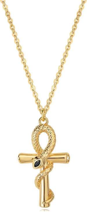 MEVECCO Dainty Snake Cross Pendant Charm Chain Necklace 18K Gold Plated Snake Simple Minimalist Delicate Handmade Boho Personalized Jewelry Gift for Her