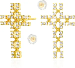 MEVECCO Gold Earrings for Women 18K Gold Plated Cross Stud Earrings Cubic Zircon Simple Delicate Minimalist Hypoallergenic Gold Women Earrings