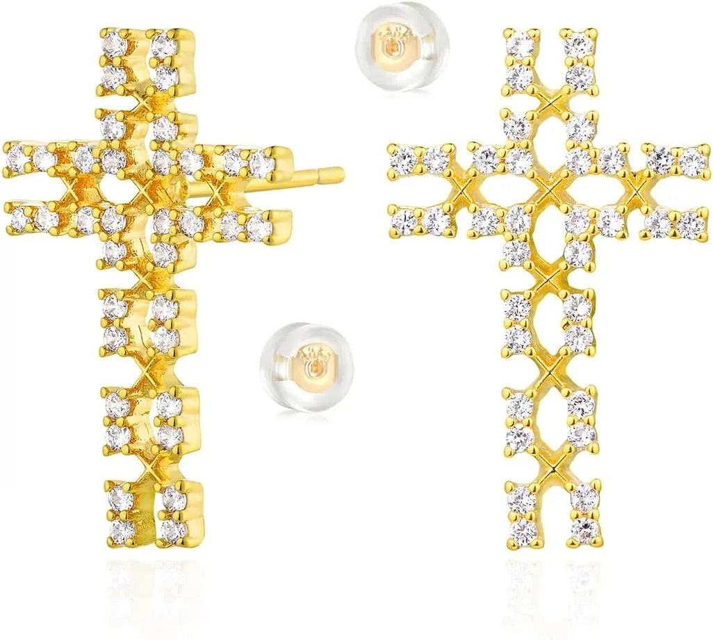 MEVECCO Gold Earrings for Women 18K Gold Plated Cross Stud Earrings Cubic Zircon Simple Delicate Minimalist Hypoallergenic Gold Women Earrings