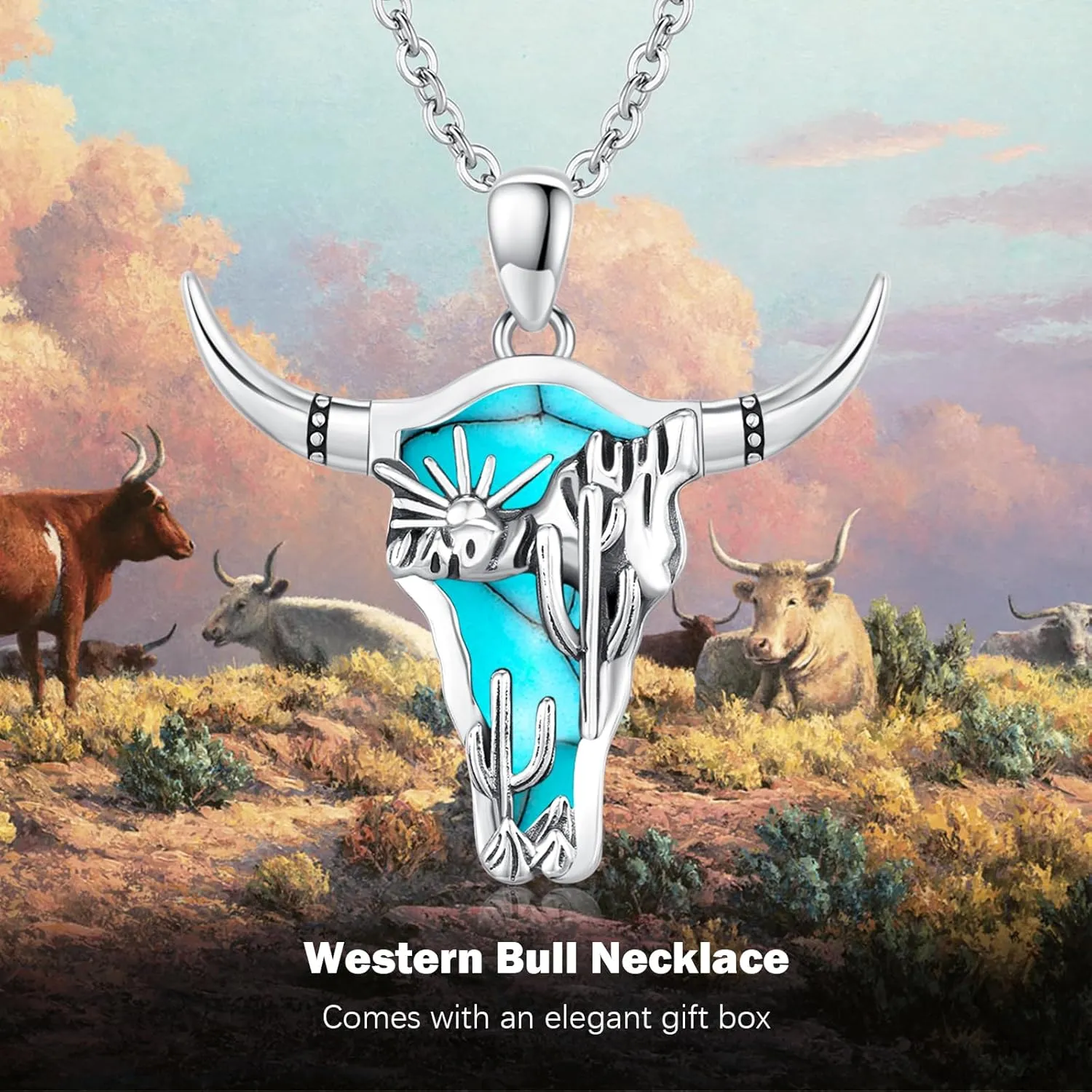 Midir&Etain Western Necklace 925 Sterling Silver Turquoise Pendant Cow Skull/Hat/Tag/Cactus Cowgirl Country Jewelry for Women Men