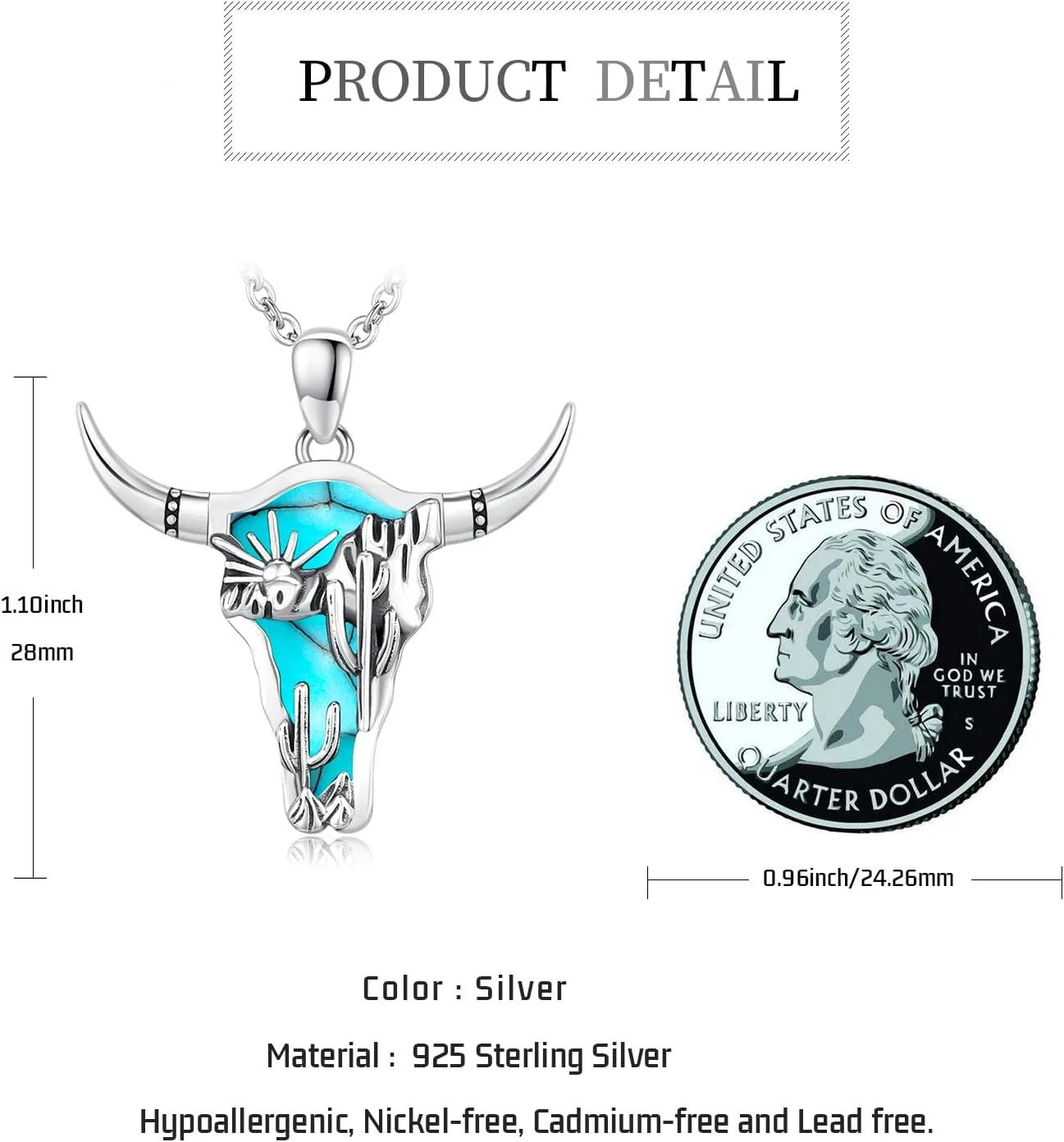 Midir&Etain Western Necklace 925 Sterling Silver Turquoise Pendant Cow Skull/Hat/Tag/Cactus Cowgirl Country Jewelry for Women Men