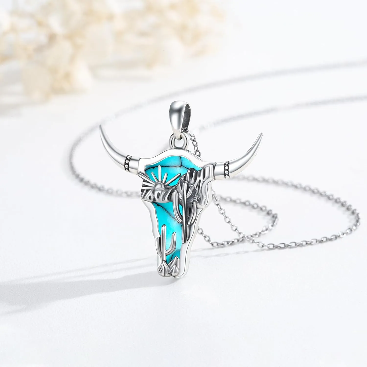 Midir&Etain Western Necklace 925 Sterling Silver Turquoise Pendant Cow Skull/Hat/Tag/Cactus Cowgirl Country Jewelry for Women Men
