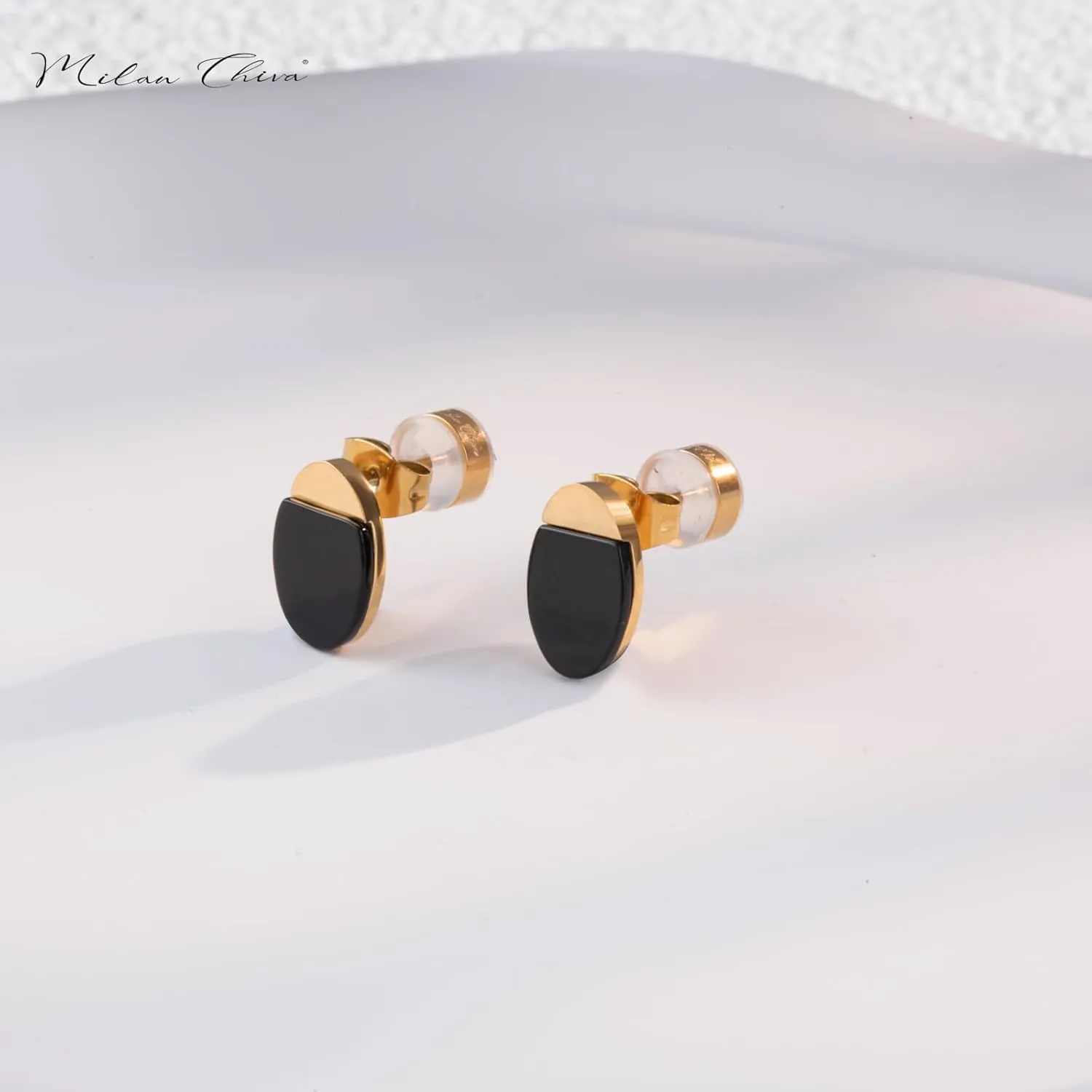 Milan Chiva Small Round Natural Gemstone Stud Earrings for Women 14K Gold Plated Oval Button Minimal Jewelry