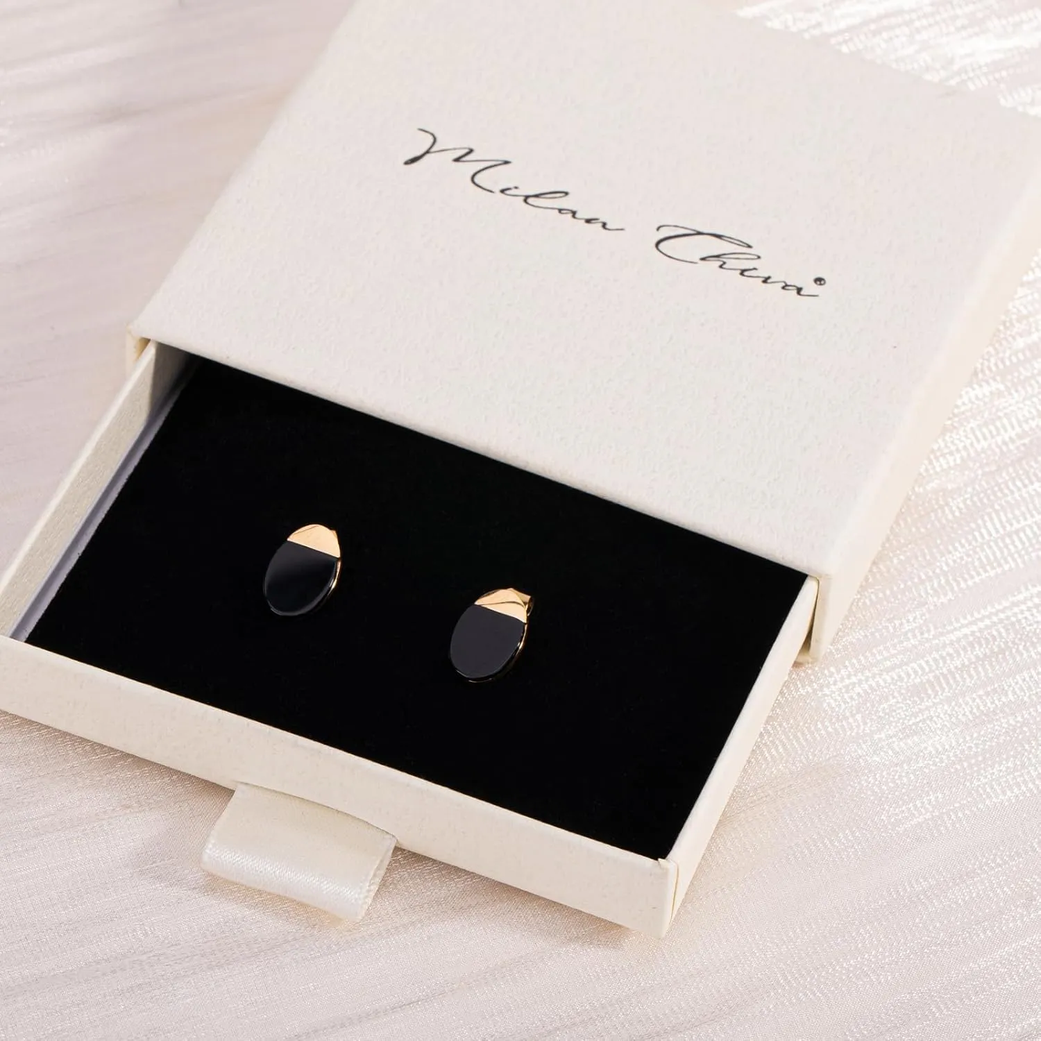 Milan Chiva Small Round Natural Gemstone Stud Earrings for Women 14K Gold Plated Oval Button Minimal Jewelry