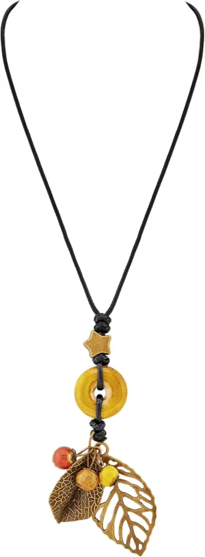 MINACHI Leaves Decoration and Ceramic Pendant Necklace, Long Necklace, Vintage Jewelry for Women