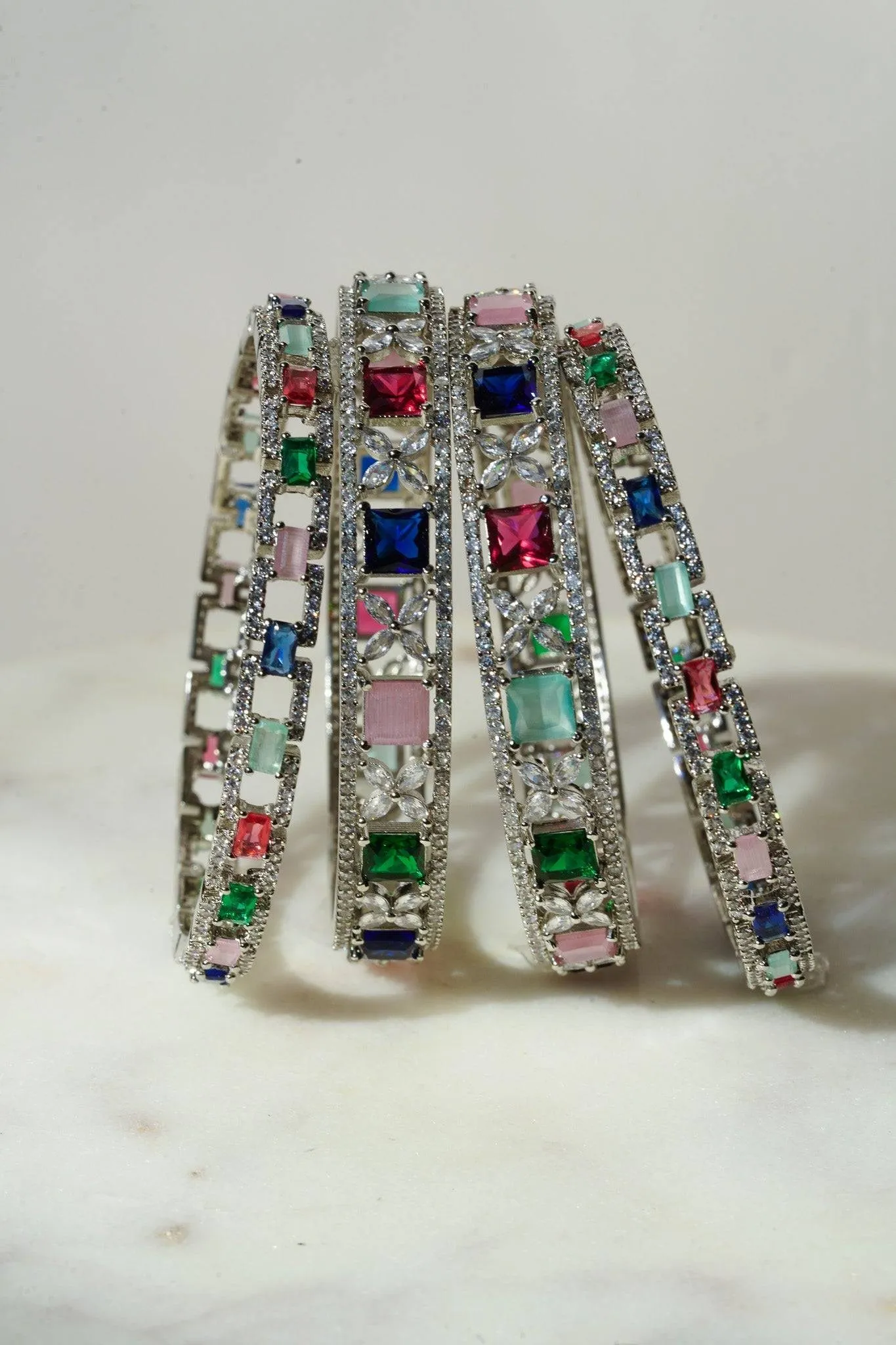 Minahil - Silver Multicolor AD Bangles (Set of 4)