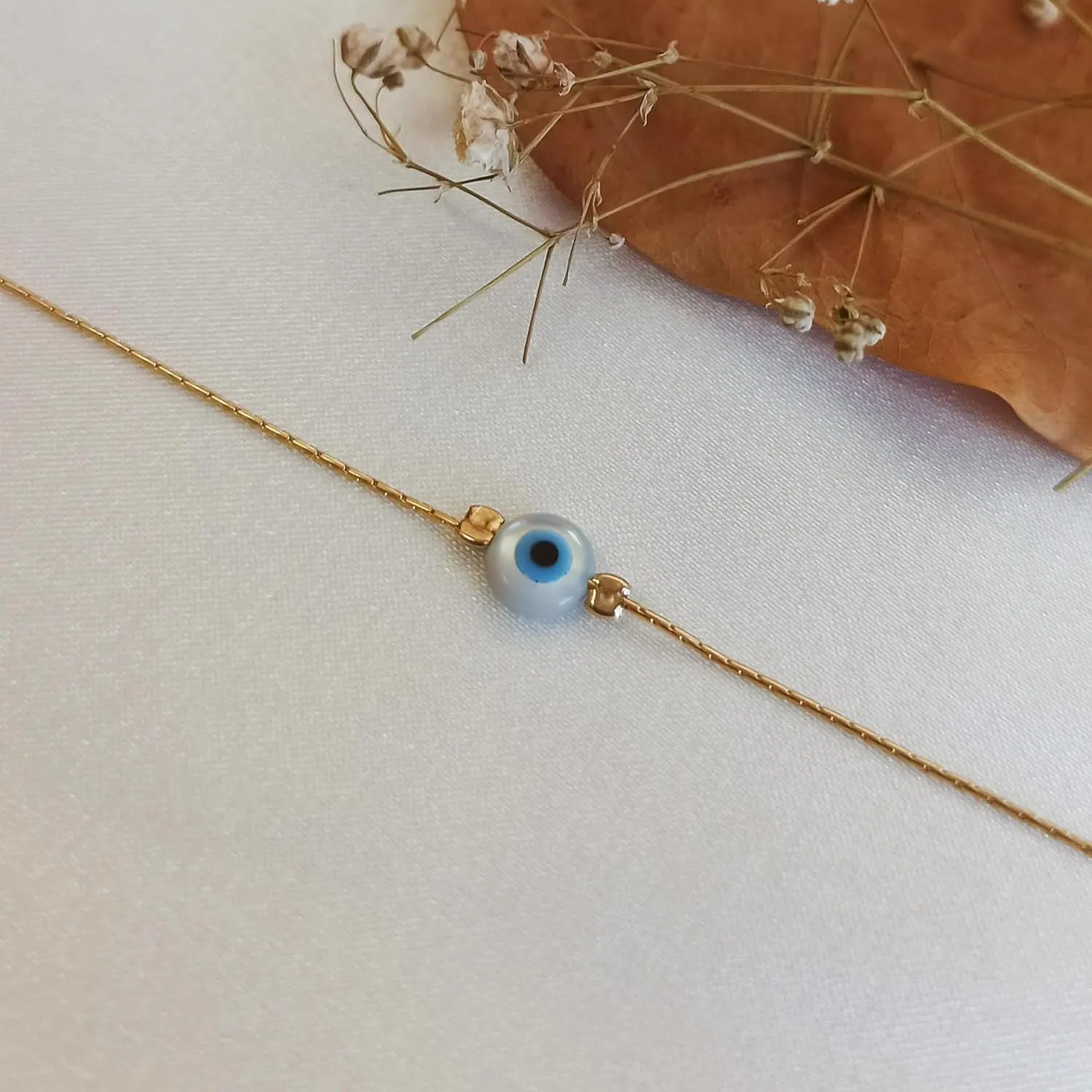 Minimalist Evil Eye Charm on a Thin Gold Filled Bracelet - Handmade Delicate Good Luck Protection Bracelet - Length 6.5   1 inch extending (Round Eye, Gold Filled)
