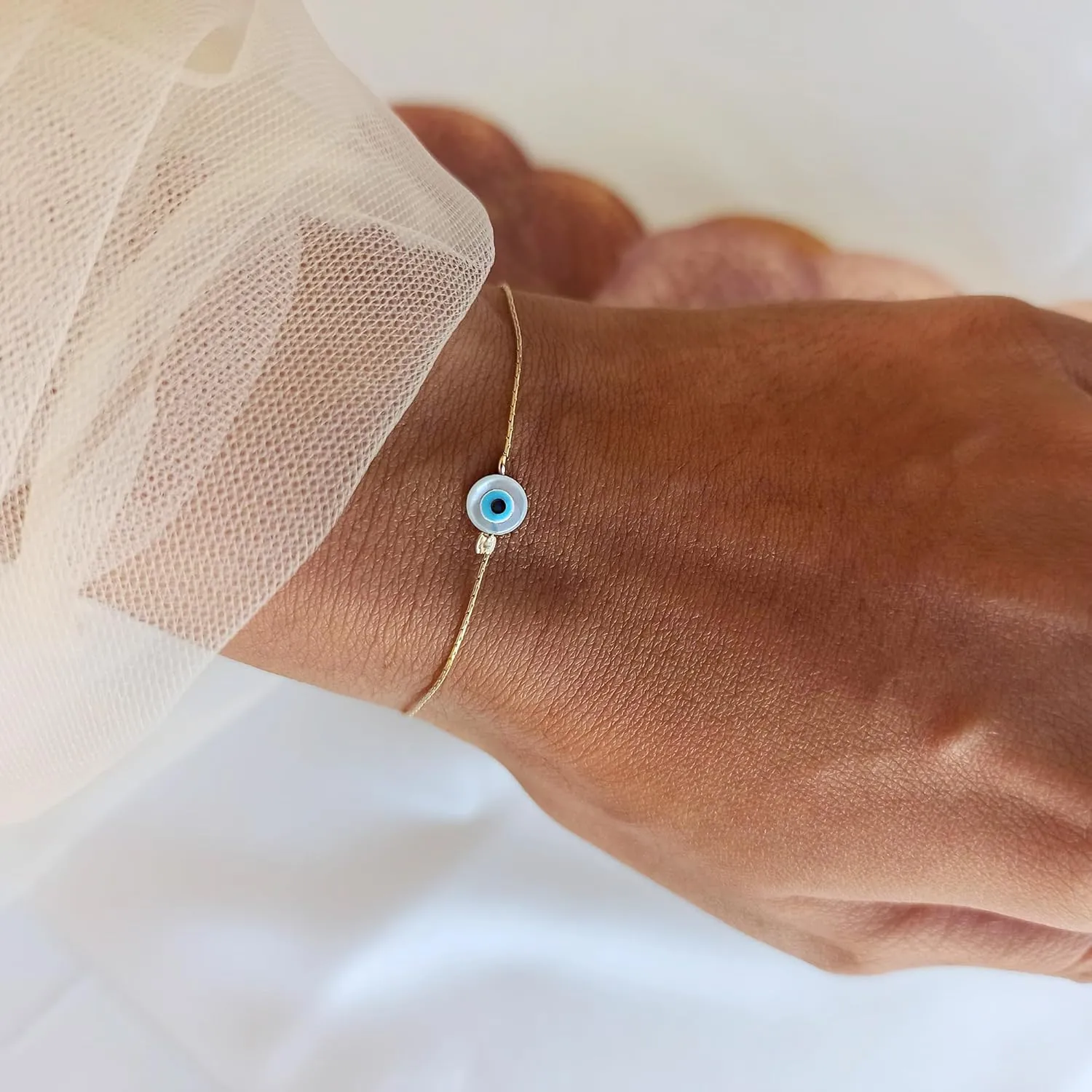 Minimalist Evil Eye Charm on a Thin Gold Filled Bracelet - Handmade Delicate Good Luck Protection Bracelet - Length 6.5   1 inch extending (Round Eye, Gold Filled)