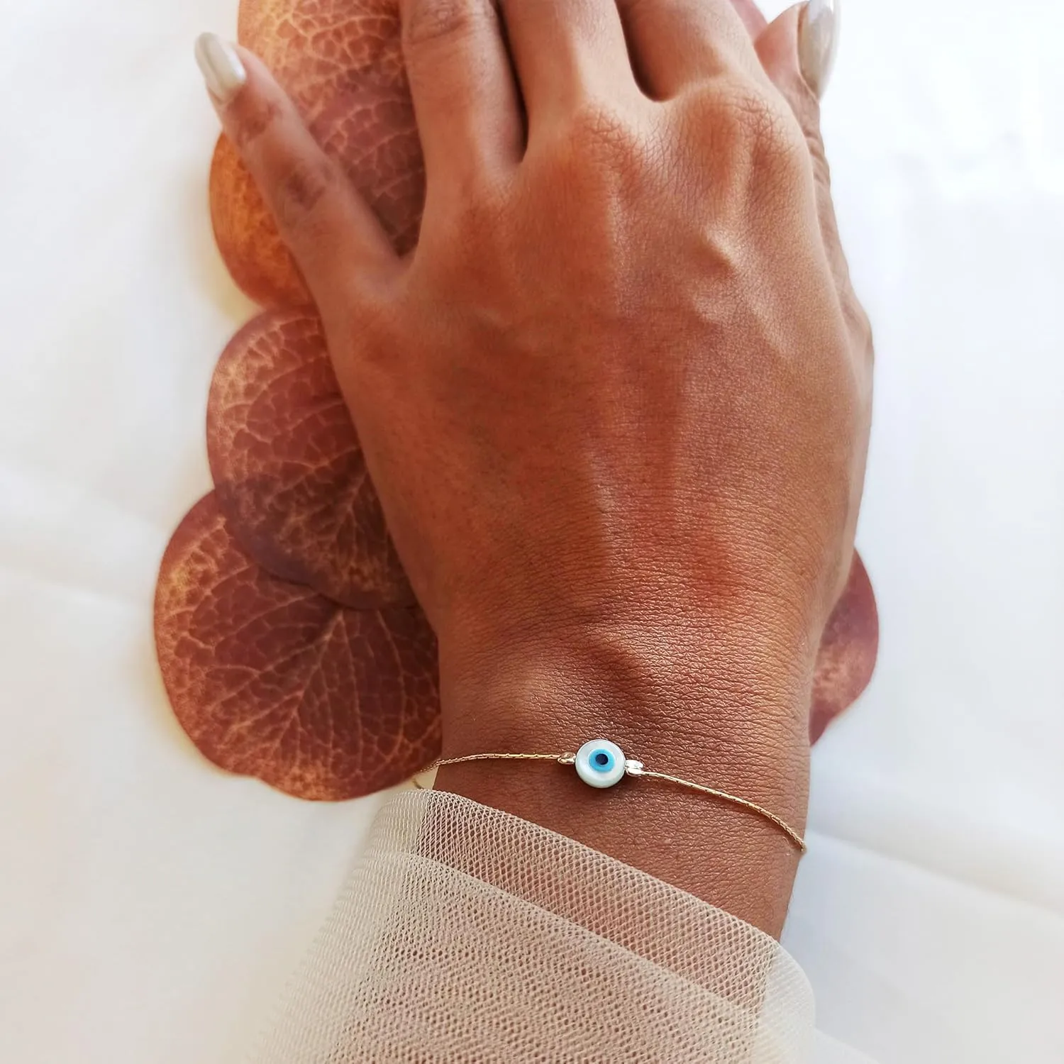 Minimalist Evil Eye Charm on a Thin Gold Filled Bracelet - Handmade Delicate Good Luck Protection Bracelet - Length 6.5   1 inch extending (Round Eye, Gold Filled)