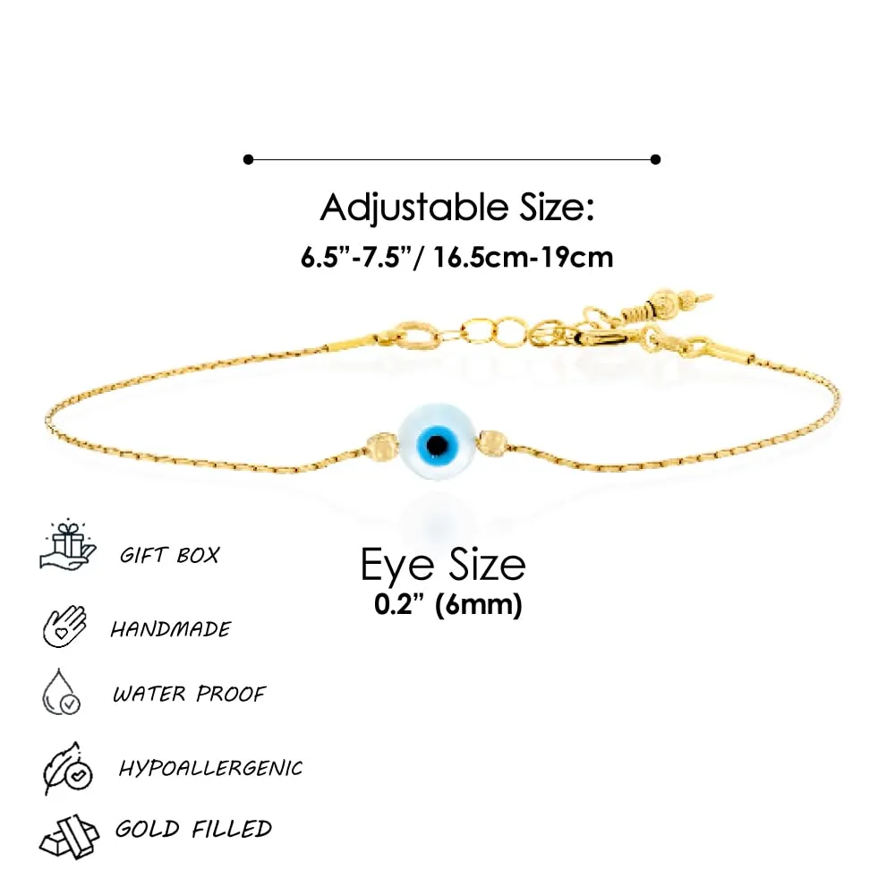 Minimalist Evil Eye Charm on a Thin Gold Filled Bracelet - Handmade Delicate Good Luck Protection Bracelet - Length 6.5   1 inch extending (Round Eye, Gold Filled)