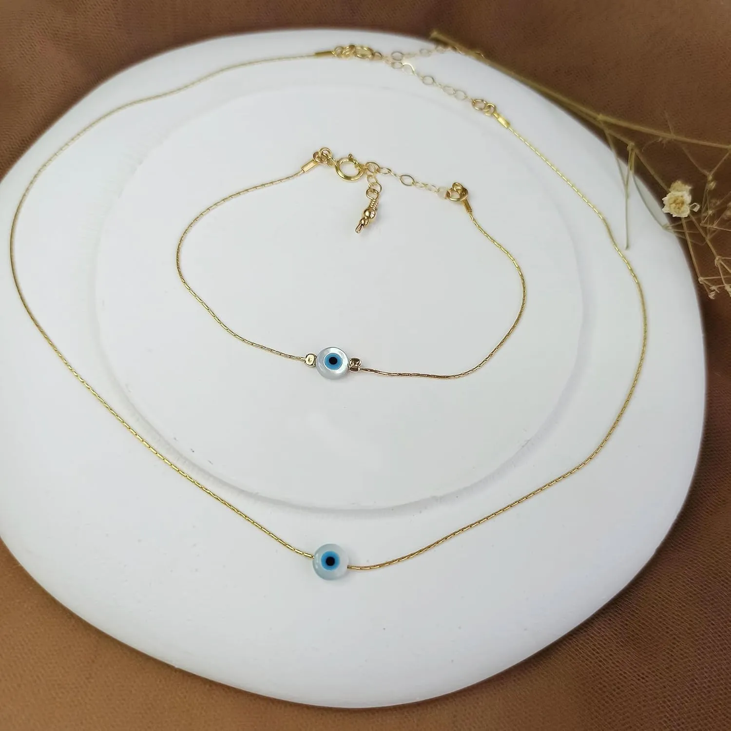 Minimalist Evil Eye Charm on a Thin Gold Filled Bracelet - Handmade Delicate Good Luck Protection Bracelet - Length 6.5   1 inch extending (Round Eye, Gold Filled)