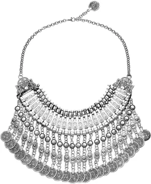 MJartoria Statement Necklace for Women, Boho Collar Choker Coin Tassel Ethnic Gypsy Chunky Necklace Antique Silver Color Bib Festival Halloween Carnival Jewelry Fitout Costume