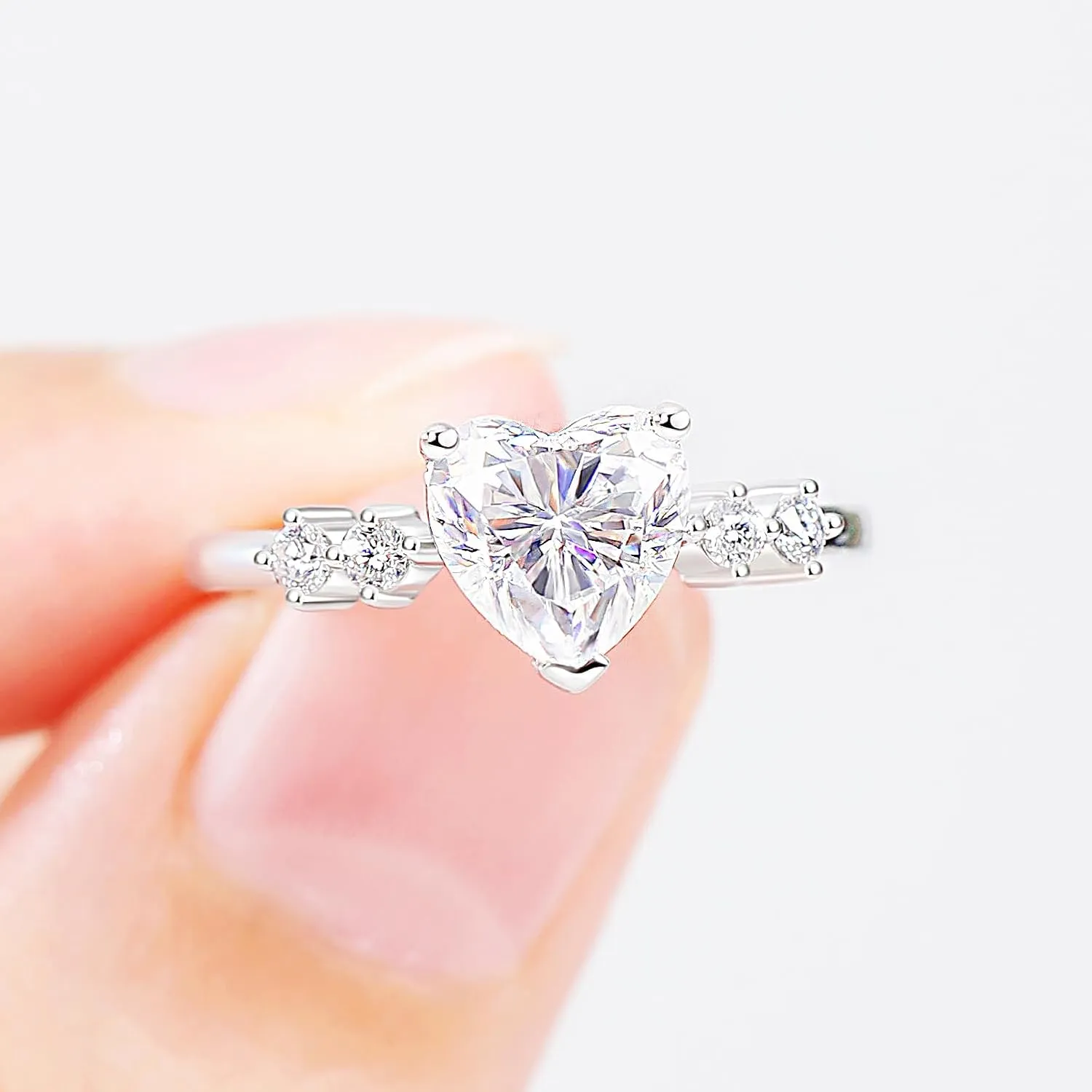 Moissanite Rings, Heart Engagement Rings White Gold Plated Promise Ring Sterling Silver Band for Women Size 5-10
