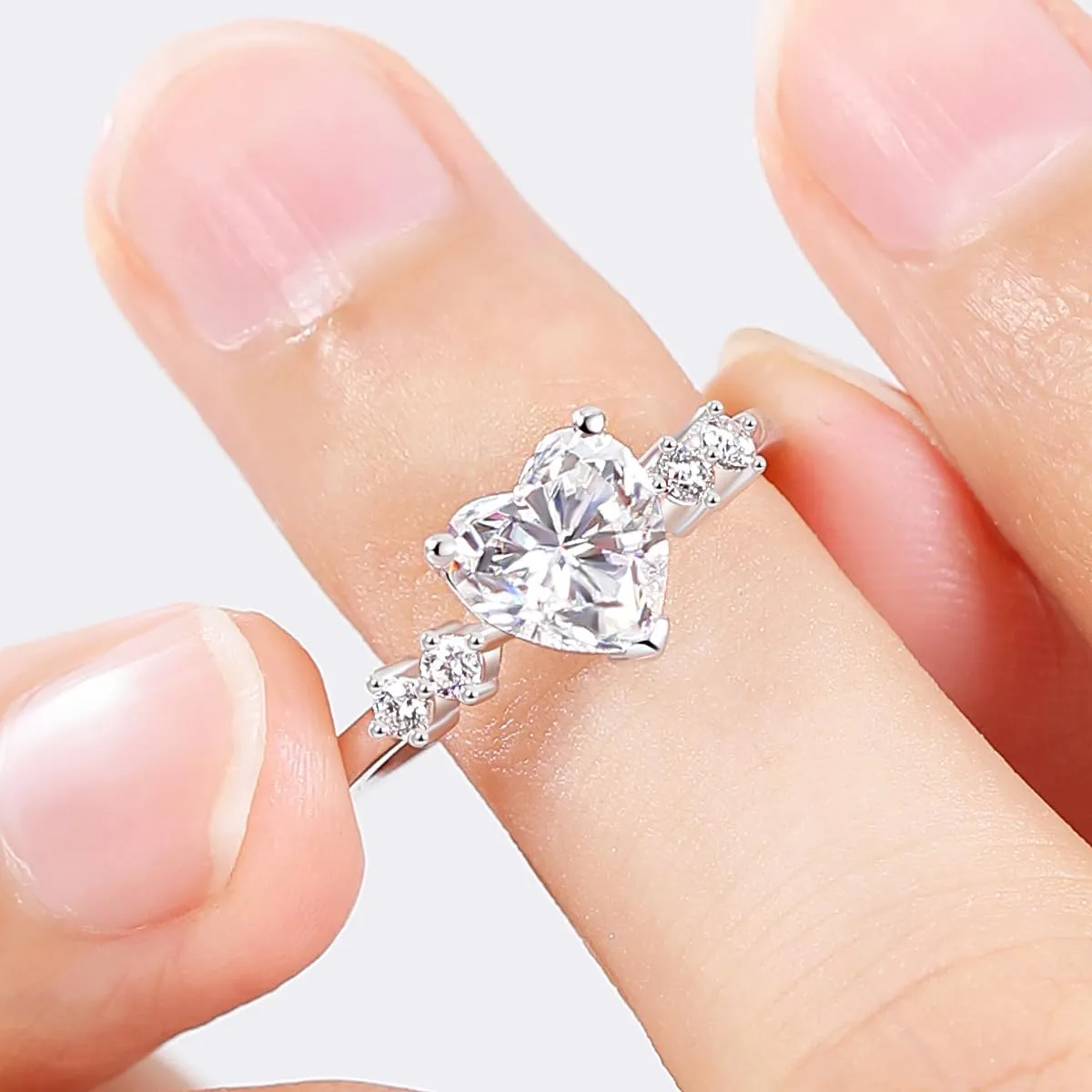 Moissanite Rings, Heart Engagement Rings White Gold Plated Promise Ring Sterling Silver Band for Women Size 5-10