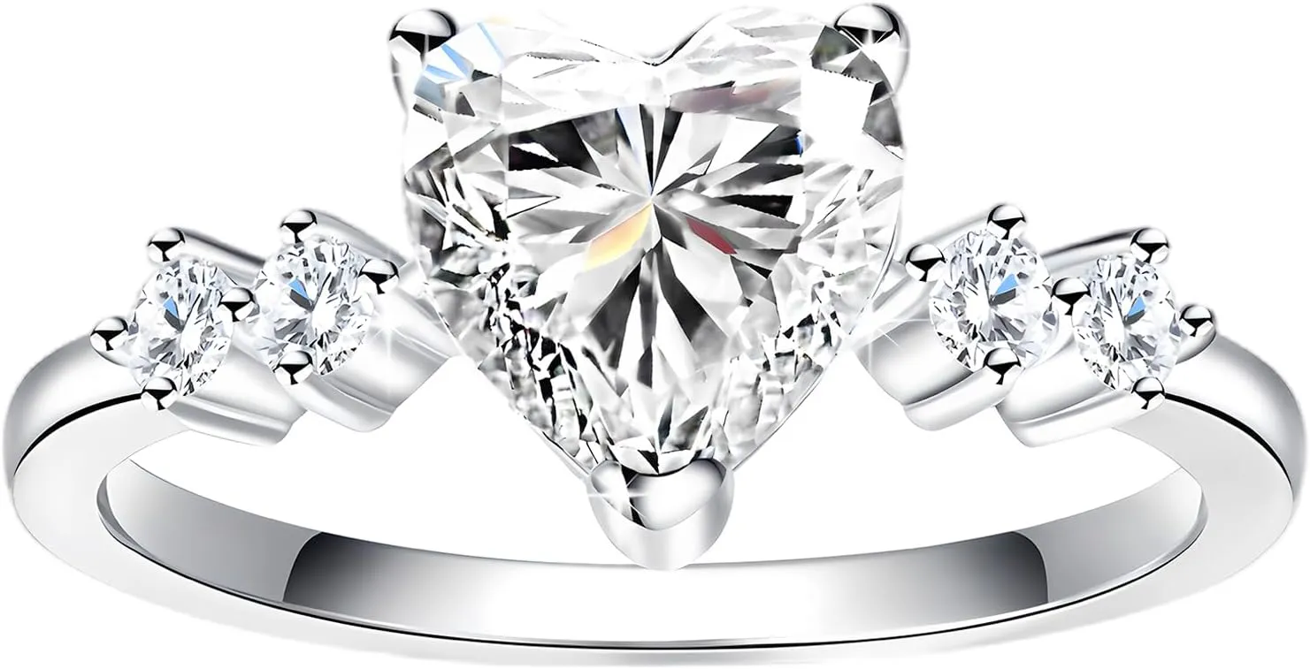 Moissanite Rings, Heart Engagement Rings White Gold Plated Promise Ring Sterling Silver Band for Women Size 5-10