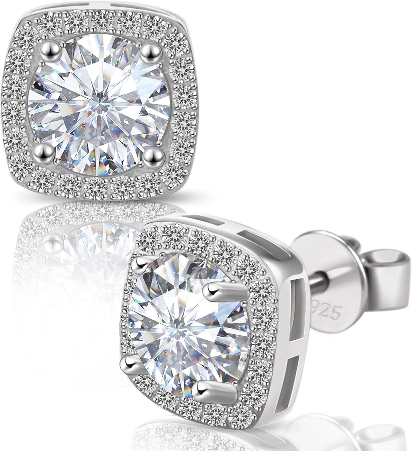 Moissanite Stud Earrings, VVSI Quality D Color Round Cut, Lab Created 925 Sterling Silver with 18K White Gold Plated, Double Halo Design  Idea Gift for Women Men