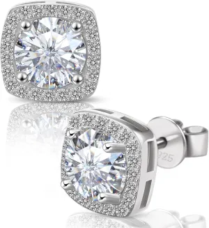 Moissanite Stud Earrings, VVSI Quality D Color Round Cut, Lab Created 925 Sterling Silver with 18K White Gold Plated, Double Halo Design  Idea Gift for Women Men