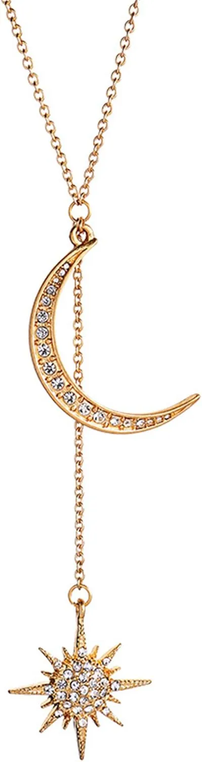 Moon and Star Pendant Necklace, Fashion Gold Plated Retro Crystal Crescent Moon Star necklace Delicate Chain Necklace Accessories Jewelry Gifts for Women