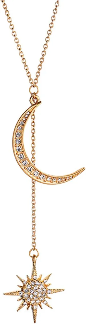 Moon and Star Pendant Necklace, Fashion Gold Plated Retro Crystal Crescent Moon Star necklace Delicate Chain Necklace Accessories Jewelry Gifts for Women