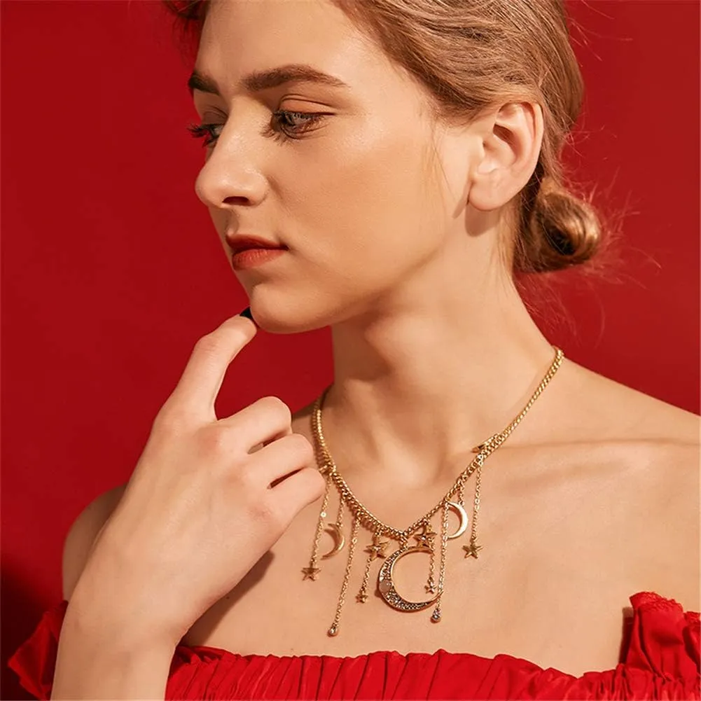 Moon and Star Pendant Necklace, Fashion Gold Plated Retro Crystal Crescent Moon Star necklace Delicate Chain Necklace Accessories Jewelry Gifts for Women