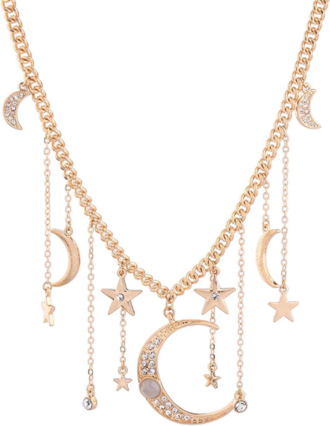 Moon and Star Pendant Necklace, Fashion Gold Plated Retro Crystal Crescent Moon Star necklace Delicate Chain Necklace Accessories Jewelry Gifts for Women