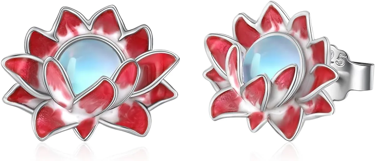 Moonstone Lotus Stud Earrings for Women Sterling Silver Lotus Flower Earrings Moonstone Lotus Jewelry Natural Healing Buddha Spiritual Yoga Lotus Jewelry for Women