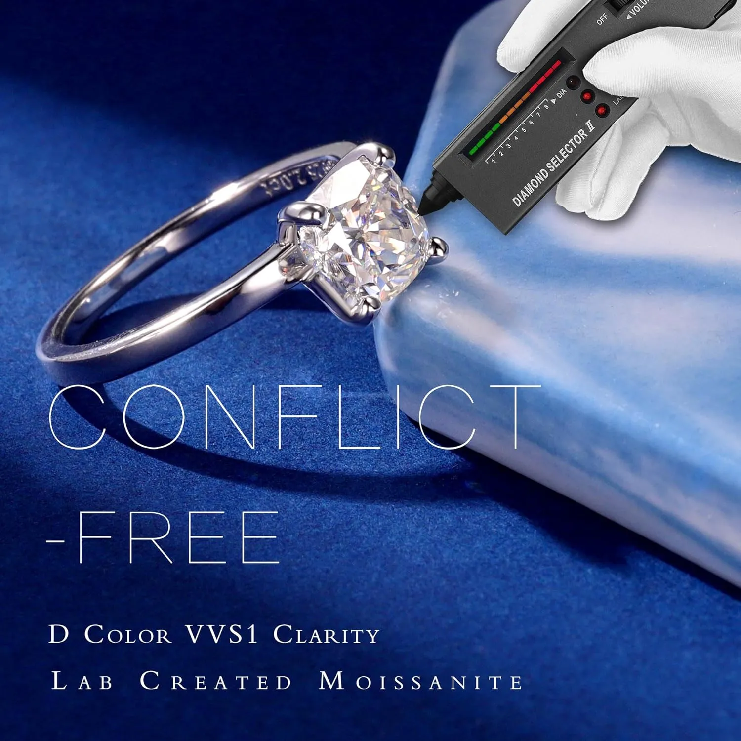 MOOSEA 2ct Moissanite Engagement Rings for Women, Cushion D Color VVS1 Clarity Lab Created Moissanite Rings 14K White Gold Vermeil 4 Prong Solitaire Moissanite Ring for Women Promise Rings Jewelry