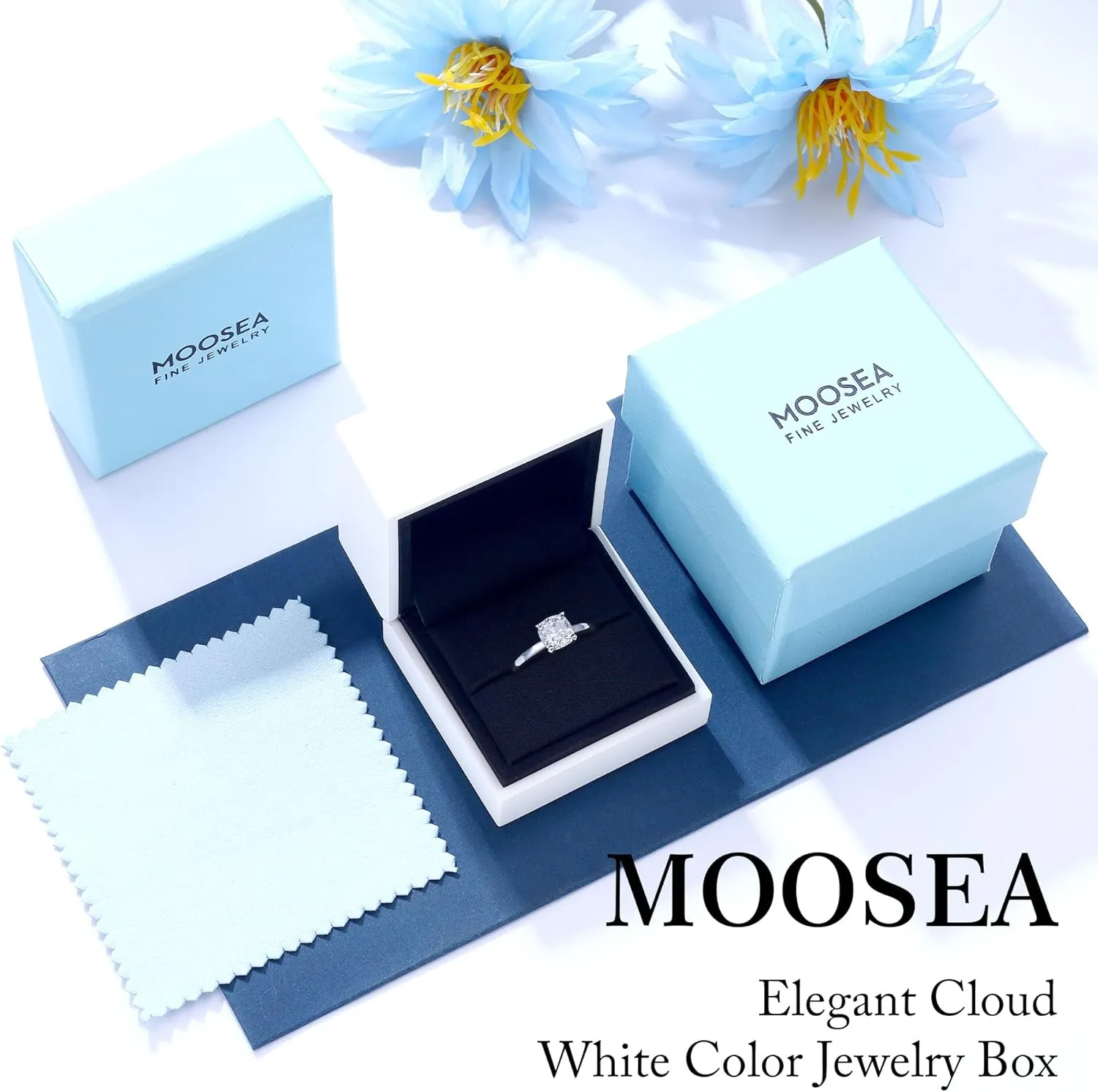 MOOSEA 2ct Moissanite Engagement Rings for Women, Cushion D Color VVS1 Clarity Lab Created Moissanite Rings 14K White Gold Vermeil 4 Prong Solitaire Moissanite Ring for Women Promise Rings Jewelry