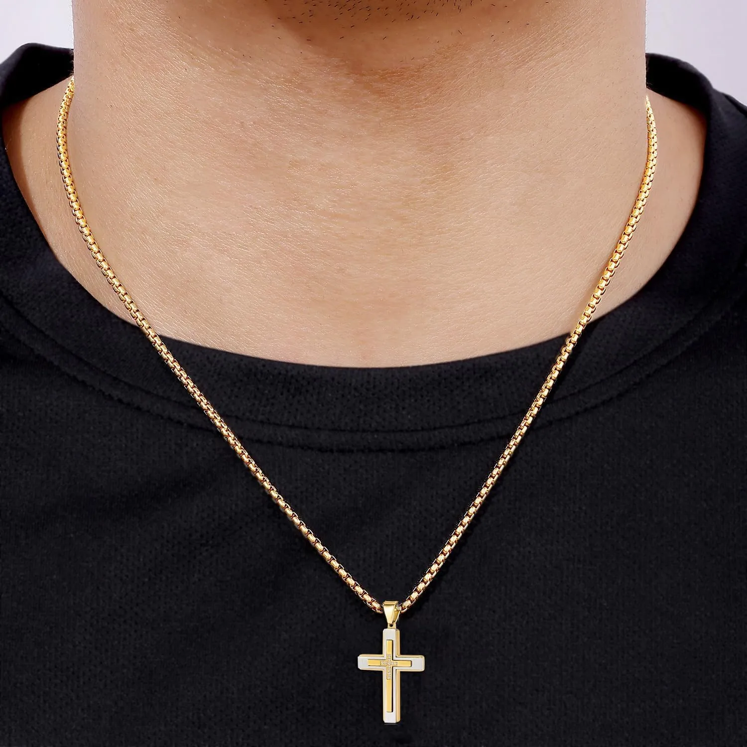 MOOSKI Cross Necklace for Men,Silver Gold Black Mens Cross Necklaces with Cross Chain and 316 Stainless Steel Cross Pendant Jewelry Gifts,Rolo Chain 20-28 Inch