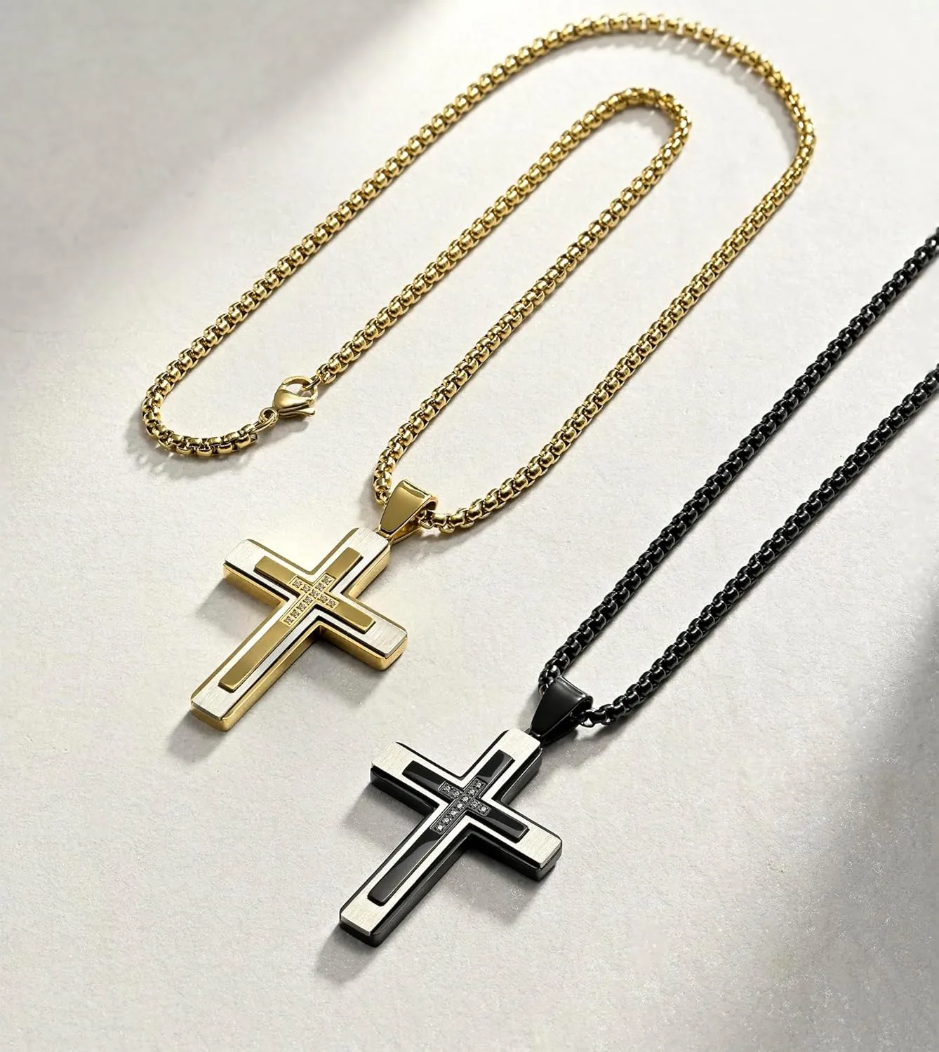 MOOSKI Cross Necklace for Men,Silver Gold Black Mens Cross Necklaces with Cross Chain and 316 Stainless Steel Cross Pendant Jewelry Gifts,Rolo Chain 20-28 Inch