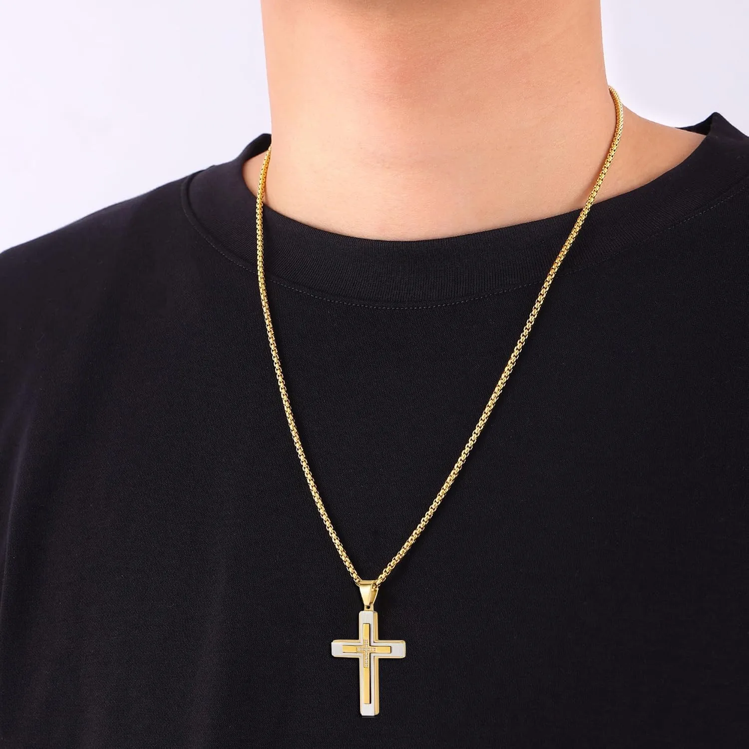 MOOSKI Cross Necklace for Men,Silver Gold Black Mens Cross Necklaces with Cross Chain and 316 Stainless Steel Cross Pendant Jewelry Gifts,Rolo Chain 20-28 Inch