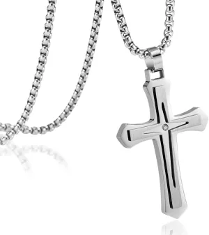MOOSKI Cross Necklace for Men,Silver/Gold/Black Mens Cross Necklaces with 3mm Cross Chain and Stainless Steel Cross Pendant Jewelry Gifts,Rolo Chain 22-24 Inch
