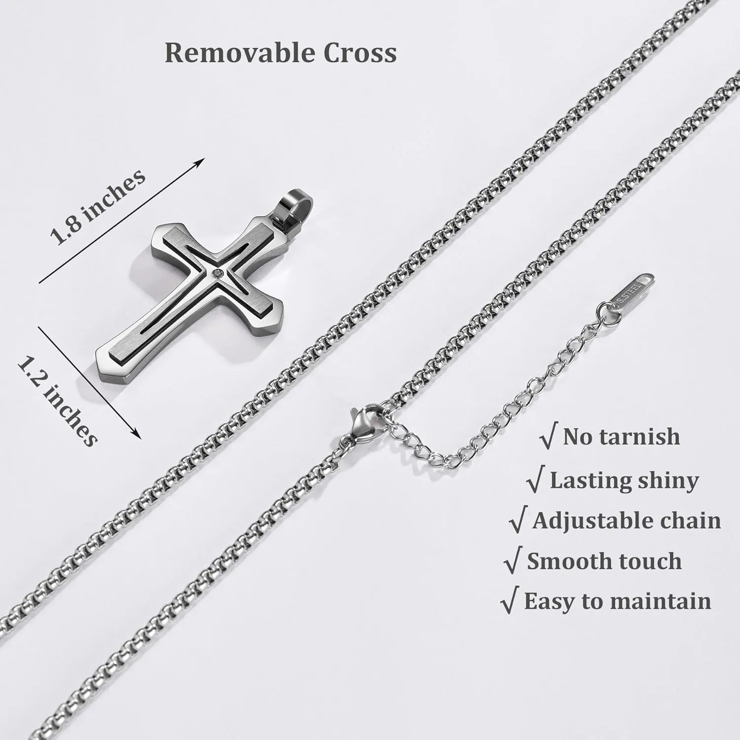 MOOSKI Cross Necklace for Men,Silver/Gold/Black Mens Cross Necklaces with 3mm Cross Chain and Stainless Steel Cross Pendant Jewelry Gifts,Rolo Chain 22-24 Inch